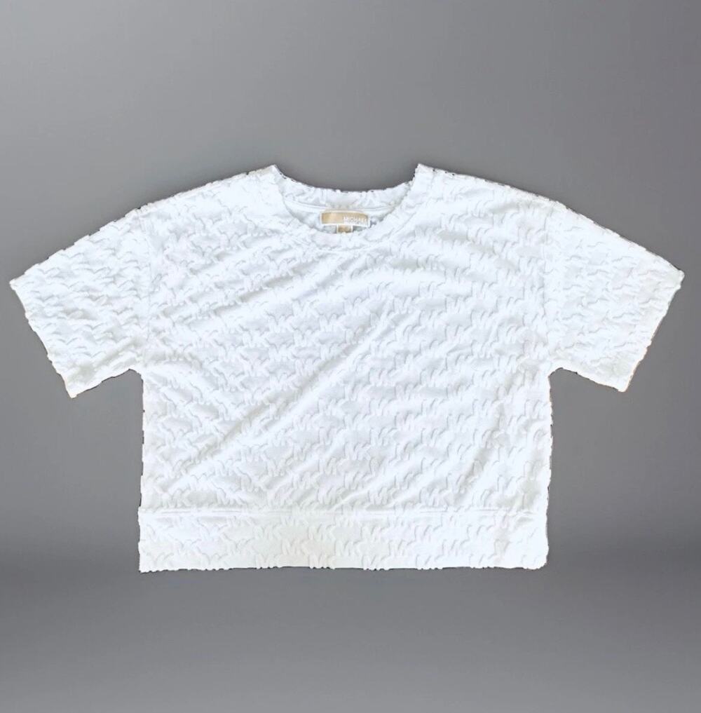 Michael Kors White Terry Cloth Jacquard MK Logo Crew Neck Crop Top Size XS